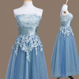 Blue Sleeveless Tulle Lace Up Quinceanera Court of Honor Dress for Prom and Party and Wedding Party