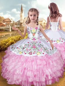 Rose Pink Sleeveless Embroidery and Ruffled Layers Floor Length Little Girl Pageant Dress