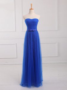 Glittering Royal Blue Tulle and Lace Lace Up Court Dresses for Sweet 16 Sleeveless Floor Length Belt