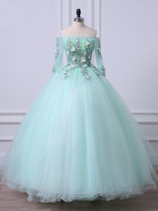 Beading Quinceanera Dresses Apple Green Lace Up 3 4 Length Sleeve Floor Length