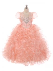 Hot Sale Peach Sleeveless Beading and Ruffles Floor Length Pageant Dress for Womens