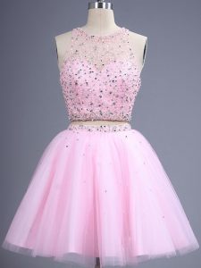 High Class Pink Tulle Zipper Dama Dress for Quinceanera Sleeveless Knee Length Beading and Lace