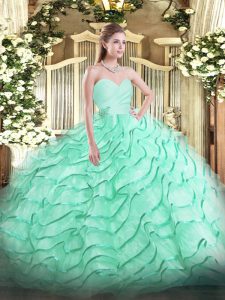 Apple Green Ball Gowns Beading and Ruffled Layers 15th Birthday Dress Lace Up Organza Sleeveless