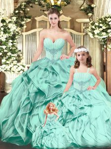 Floor Length Lace Up Ball Gown Prom Dress Aqua Blue for Military Ball and Sweet 16 and Quinceanera with Beading and Ruffles