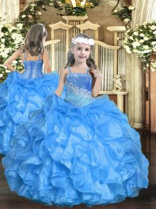 Latest Baby Blue Sleeveless Floor Length Beading and Ruffled Layers Lace Up Little Girls Pageant Gowns