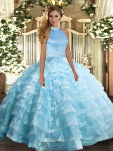 Baby Blue Sleeveless Organza Backless Sweet 16 Dress for Military Ball and Sweet 16 and Quinceanera