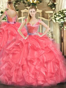 Dynamic Coral Red Sleeveless Tulle Zipper Vestidos de Quinceanera for Military Ball and Sweet 16 and Quinceanera