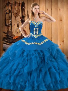 Blue Sleeveless Embroidery and Ruffles Floor Length Ball Gown Prom Dress