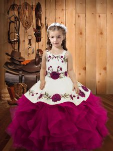 Fuchsia Ball Gowns Straps Sleeveless Tulle Floor Length Lace Up Embroidery and Ruffles Little Girl Pageant Dress