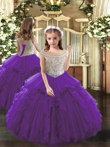 Custom Designed Purple Sleeveless Floor Length Beading and Ruffles Lace Up Little Girls Pageant Dress Wholesale