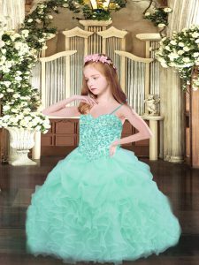 Apple Green Organza Lace Up Little Girl Pageant Gowns Sleeveless Floor Length Beading and Ruffles and Pick Ups