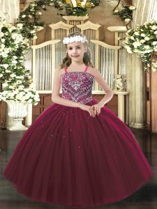 Burgundy Ball Gowns Straps Sleeveless Tulle Floor Length Lace Up Beading Little Girls Pageant Gowns