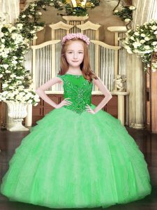 Apple Green Organza Zipper Little Girl Pageant Dress Sleeveless Floor Length Beading and Ruffles