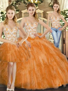 Orange Red Three Pieces Straps Sleeveless Organza Floor Length Lace Up Beading and Ruffles Sweet 16 Quinceanera Dress