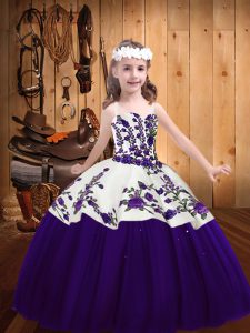 Purple Ball Gowns Straps Sleeveless Tulle Floor Length Lace Up Embroidery Little Girls Pageant Dress Wholesale