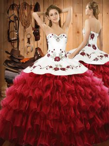Graceful Sleeveless Floor Length Embroidery and Ruffled Layers Lace Up Ball Gown Prom Dress with Wine Red