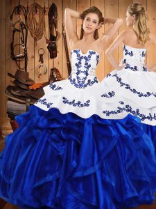 New Style Royal Blue Lace Up Strapless Embroidery and Ruffles Quinceanera Gowns Satin and Organza Sleeveless