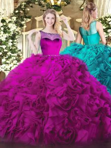 Top Selling Fuchsia Scoop Zipper Beading Ball Gown Prom Dress Sleeveless