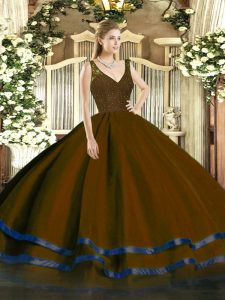 Exquisite Floor Length Brown Vestidos de Quinceanera Organza Sleeveless Beading and Lace and Ruffled Layers