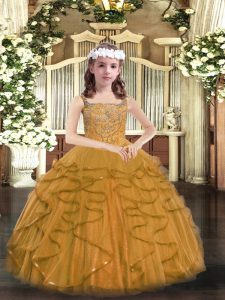Trendy Brown Ball Gowns Tulle Straps Sleeveless Beading and Ruffles Floor Length Lace Up Little Girls Pageant Dress Wholesale