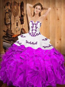 Classical Purple Ball Gowns Strapless Sleeveless Satin and Organza Floor Length Lace Up Embroidery and Ruffles Vestidos de Quinceanera