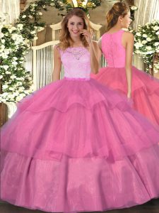 Floor Length Hot Pink Quinceanera Dress Organza Sleeveless Lace and Ruffled Layers