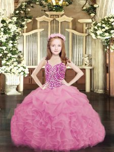 Rose Pink Organza Lace Up Custom Made Pageant Dress Sleeveless Floor Length Beading and Ruffles and Pick Ups