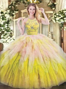 Multi-color Ball Gowns Beading and Ruffles 15th Birthday Dress Zipper Tulle Sleeveless Floor Length