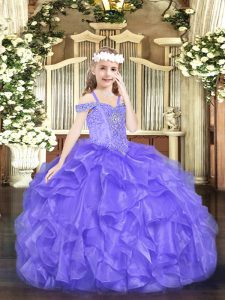 Floor Length Lace Up Pageant Dress for Teens Lavender for Party and Quinceanera with Beading and Ruffles