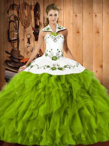 Fashionable Halter Top Sleeveless Lace Up Quinceanera Dress Olive Green Satin and Organza