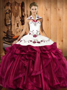 High Quality Fuchsia Quinceanera Dress Military Ball and Sweet 16 and Quinceanera with Embroidery and Ruffles Halter Top Sleeveless Lace Up