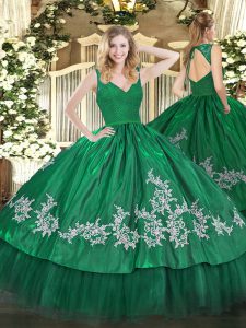 Dark Green Sleeveless Taffeta Backless Quinceanera Gown for Military Ball and Sweet 16 and Quinceanera