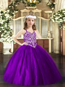 Purple Ball Gowns Beading Little Girls Pageant Dress Wholesale Lace Up Tulle Sleeveless Floor Length