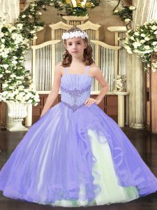 Lavender Straps Neckline Beading Pageant Gowns For Girls Sleeveless Lace Up