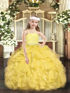Custom Made Gold Ball Gowns Organza Straps Sleeveless Beading and Lace and Ruffles Floor Length Zipper Pageant Dress