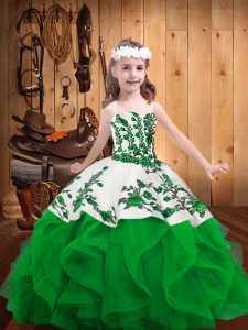 Trendy Green Organza Lace Up Pageant Gowns For Girls Sleeveless Floor Length Embroidery and Ruffles