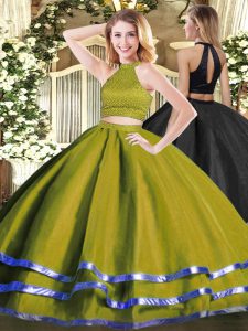 Elegant Olive Green Tulle Backless Sweet 16 Quinceanera Dress Sleeveless Floor Length Beading