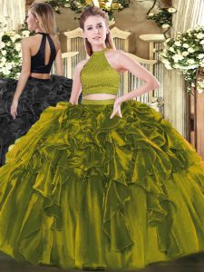 Best Floor Length Olive Green 15th Birthday Dress Organza Sleeveless Beading and Ruffles