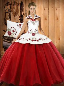 Wine Red Sleeveless Floor Length Embroidery Lace Up 15 Quinceanera Dress