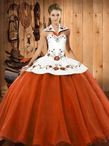 Sumptuous Orange Red Satin and Tulle Lace Up Halter Top Sleeveless Floor Length 15th Birthday Dress Embroidery