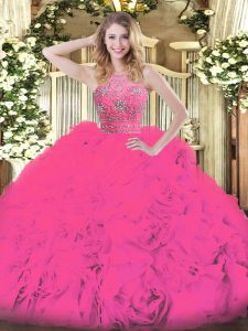 Charming Hot Pink Sleeveless Floor Length Beading and Ruffles Zipper Quinceanera Dresses