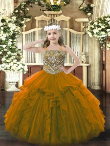Floor Length Brown Little Girl Pageant Dress Organza Sleeveless Beading and Ruffles