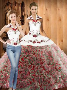 Customized Halter Top Sleeveless Quinceanera Gown Sweep Train Embroidery Multi-color Fabric With Rolling Flowers