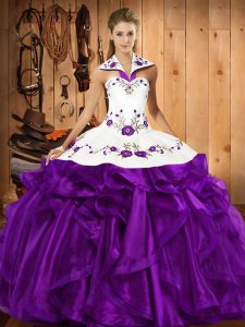 Modern Sleeveless Organza Floor Length Lace Up Quince Ball Gowns in Purple with Embroidery and Ruffles