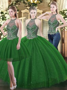 Luxurious Dark Green Lace Up High-neck Beading Quinceanera Gowns Tulle Sleeveless
