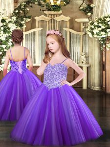 Best Floor Length Ball Gowns Sleeveless Lavender Child Pageant Dress Lace Up