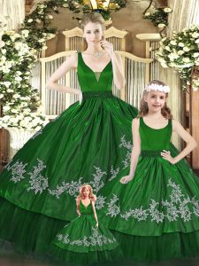 Green Zipper V-neck Beading and Appliques Sweet 16 Dress Organza Sleeveless