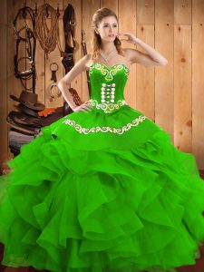Green Satin and Organza Lace Up Sweetheart Sleeveless Floor Length 15th Birthday Dress Embroidery and Ruffles