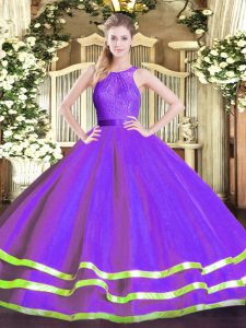 Eggplant Purple Ball Gowns Scoop Sleeveless Tulle Floor Length Zipper Lace Quince Ball Gowns