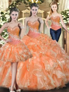 Chic Floor Length Lace Up 15 Quinceanera Dress Orange Red for Military Ball and Sweet 16 and Quinceanera with Beading and Ruffles